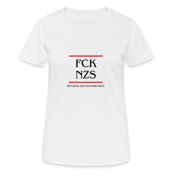 FCK NZS - LES RÉFUGIÉS SONT LES BIENVENUS ICI - T-shirt respirant Femme - blanc - Devant - AI Model Female 172 dark (172cm)
