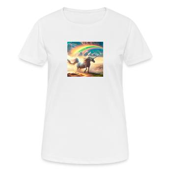 Une licorne avec un arc-en-ciel dans un monde fantastique - T-shirt respirant Femme - blanc - Devant - AI Model Female 172 dark (172cm)