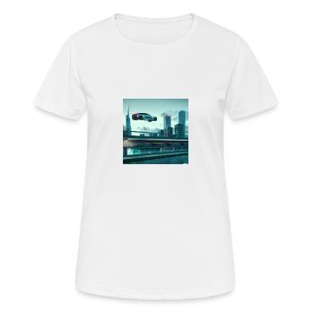 Flying Tesla in futuristic city - Women's Breathable T-Shirt - white - Front - AI Model Female 172 dark (172cm)