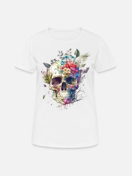 Crâne avec des fleurs - T-shirt respirant Femme - blanc