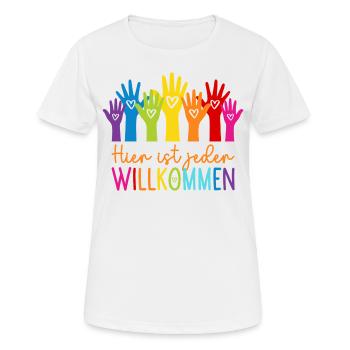Hier ist jeder willkommen - Frauen T-Shirt atmungsaktiv - Weiß - Vorne - AI Model Female 172 dark (172cm)