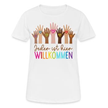 Jeder ist hier willkommen - Frauen T-Shirt atmungsaktiv - Weiß - Vorne - AI Model Female 172 dark (172cm)