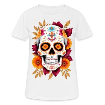 Mexikanischer Schädel Zuckerschädel Calavera Blüten - Frauen T-Shirt atmungsaktiv - Weiß - Vorne - AI Model Female 172 dark (172cm)