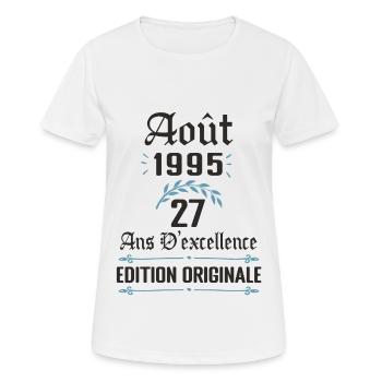 27 ans anniversaire aout 1995 - T-shirt respirant Femme - blanc - Devant - AI Model Female 172 dark (172cm)