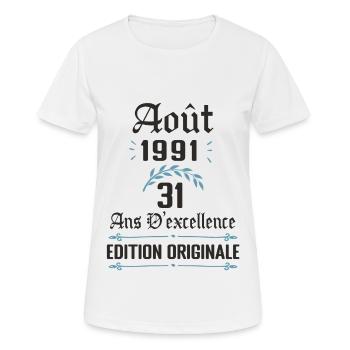 31 ans anniversaire aout 1991 - T-shirt respirant Femme - blanc - Devant - AI Model Female 172 dark (172cm)