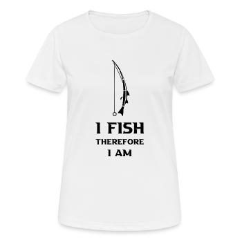 Schlankes, minimalistisches "Ich fische, also bin ich" - Frauen T-Shirt atmungsaktiv - Weiß - Vorne - AI Model Female 172 dark (172cm)