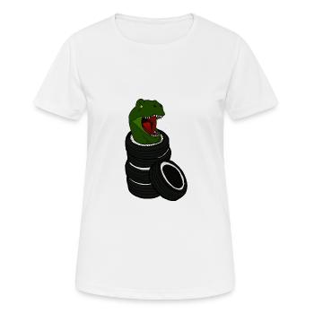 Tyrannosaurus Rex in Autoreifen T Rex Dino Umwelt - Frauen T-Shirt atmungsaktiv - Weiß - Vorne - AI Model Female 172 dark (172cm)
