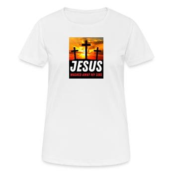 Jesus wusch meine Sünden fort - Christliches Zitat - Frauen T-Shirt atmungsaktiv - Weiß - Vorne - AI Model Female 172 dark (172cm)