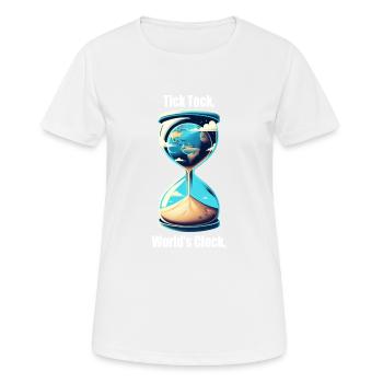 "Tick Tock, World's Clock" - Erde in Sanduhr - Frauen T-Shirt atmungsaktiv - Weiß - Vorne - AI Model Female 172 dark (172cm)