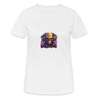PixelPulse Cortex // Cyberpunk Skull - Frauen T-Shirt atmungsaktiv - Weiß - Vorne - AI Model Female 172 dark (172cm)