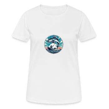 Angler im Bott und sprigender Lachs - Frauen T-Shirt atmungsaktiv - Weiß - Vorne - AI Model Female 172 dark (172cm)