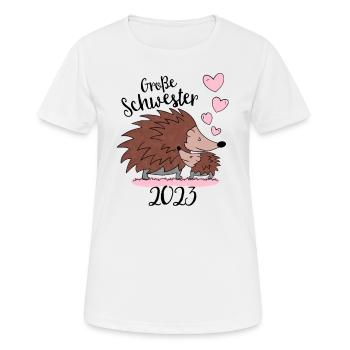 Große Schwester 2023 - Süße Igel Geschenk Idee - Frauen T-Shirt atmungsaktiv - Weiß - Vorne - AI Model Female 172 dark (172cm)
