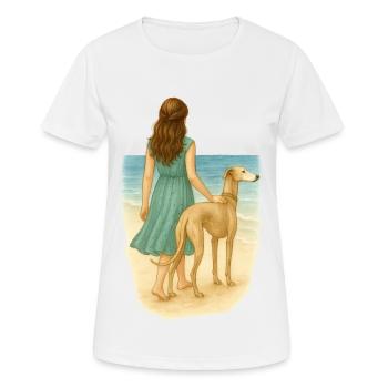 Windhund am Meer mit brünetter Frau - Frauen T-Shirt atmungsaktiv - Weiß - Vorne - AI Model Female 172 dark (172cm)