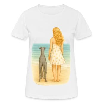 Love my Life – Frau mit Windhund am Strand - Frauen T-Shirt atmungsaktiv - Weiß - Vorne - AI Model Female 172 dark (172cm)