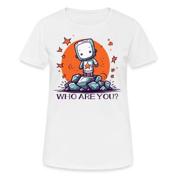 Wer bist du? Außerirdischer auf einem Felsen - Frauen T-Shirt atmungsaktiv - Weiß - Vorne - AI Model Female 172 dark (172cm)