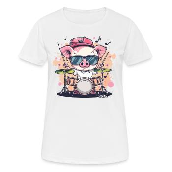 Rockmusik und ein lustiges Schlagzeuger-Schwein - Frauen T-Shirt atmungsaktiv - Weiß - Vorne - AI Model Female 172 dark (172cm)