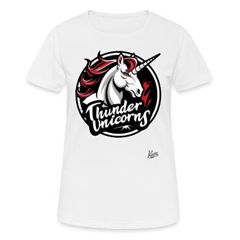 Lustige Sport-Logo-Parodie: Team Donner-Einhörner - Frauen T-Shirt atmungsaktiv - Weiß - Vorne - AI Model Female 172 dark (172cm)