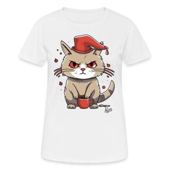 Kaffee Katze mit Hut: Die Morgenmuffel Mieze - Frauen T-Shirt atmungsaktiv - Weiß - Vorne - AI Model Female 172 dark (172cm)