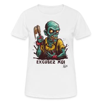 Zombie Worker : Squelette « Excusez-moi » - T-shirt respirant Femme - blanc - Devant - AI Model Female 172 dark (172cm)