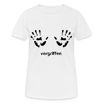 Vergriffen - Witziger Handabdruck mit Schriftzug - Frauen T-Shirt atmungsaktiv - Weiß - Vorne - AI Model Female 172 dark (172cm)