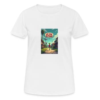 Ein netter, kleiner Alien entsteigt seinem UFO - Frauen T-Shirt atmungsaktiv - Weiß - Vorne - AI Model Female 172 dark (172cm)