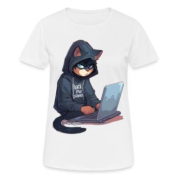 Cyber Hacker Cat Hackerkatze - Frauen T-Shirt atmungsaktiv - Weiß - Vorne - AI Model Female 172 dark (172cm)