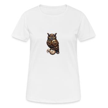 Clockwork Sentinel: Steampunk Owl with Gear - Women's Breathable T-Shirt - white - Front - AI Model Female 172 dark (172cm)