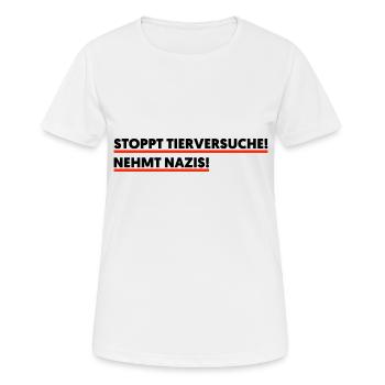 Stoppt Tierversuche - Frauen T-Shirt atmungsaktiv - Weiß - Vorne - AI Model Female 172 dark (172cm)
