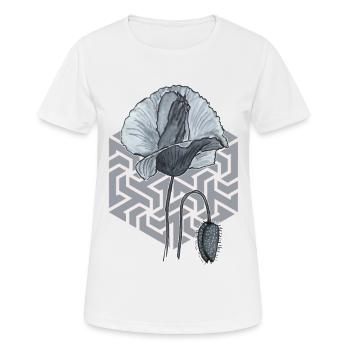 schwarzweiße Mohnblume mit Sechseck im Hintergrund - Frauen T-Shirt atmungsaktiv - Weiß - Vorne - AI Model Female 172 dark (172cm)