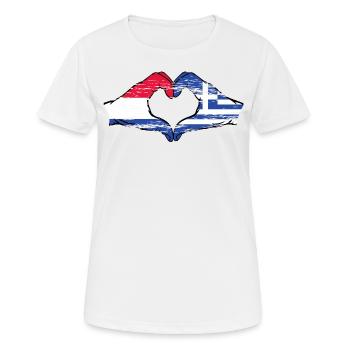 Holland Griechenland Flagge Hände Herzform used - Frauen T-Shirt atmungsaktiv - Weiß - Vorne - AI Model Female 172 dark (172cm)