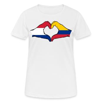 Holland Kolumbien Flagge Hände Herzform - Frauen T-Shirt atmungsaktiv - Weiß - Vorne - AI Model Female 172 dark (172cm)