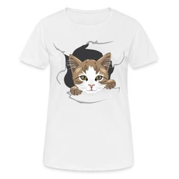 Un chat heureux jette un coup d’œil à travers du papier déchiré - T-shirt respirant Femme - blanc - Devant - AI Model Female 172 dark (172cm)