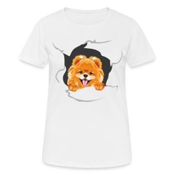 Un chien de Poméranie souriant jette un coup d’œil à travers le papier déchiré - T-shirt respirant Femme - blanc - Devant - AI Model Female 172 dark (172cm)
