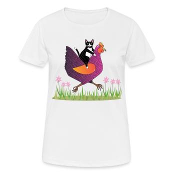 Hen Rider - Katze auf Huhn - Geschenkidee - Frauen T-Shirt atmungsaktiv - Weiß - Vorne - AI Model Female 172 dark (172cm)