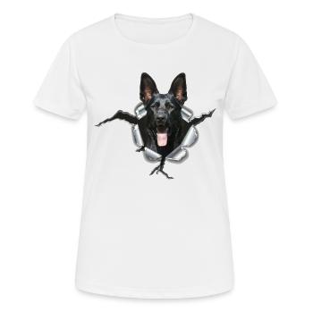 Schwarzer Schäferhund im Metall Loch - Frauen T-Shirt atmungsaktiv - Weiß - Vorne - AI Model Female 172 dark (172cm)