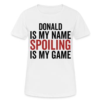 Donald est mon nom Spoiler est mon jeu - T-shirt respirant Femme - blanc - Devant - AI Model Female 172 dark (172cm)