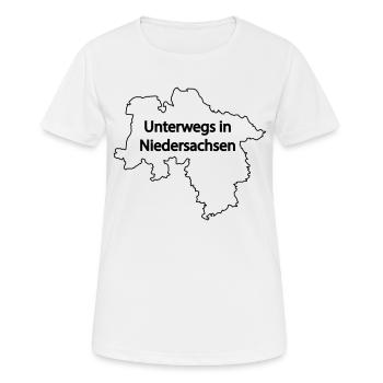 Regenschirm (klein) "Unterwegs in Niedersachsen" - Frauen T-Shirt atmungsaktiv - Weiß - Vorne - AI Model Female 172 dark (172cm)