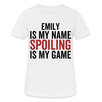 Emily est mon nom Spoiler est mon jeu - T-shirt respirant Femme - blanc - Devant - AI Model Female 172 dark (172cm)