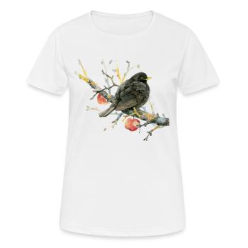 Liebevoll gemalte Amsel auf einem Apfelzweig - Frauen T-Shirt atmungsaktiv - Weiß - Vorne - AI Model Female 172 dark (172cm)