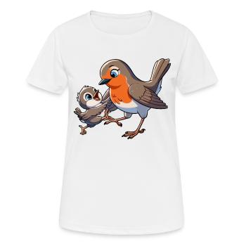Rouge-gorge mère et enfant gambadant - T-shirt respirant Femme - blanc - Devant - AI Model Female 172 dark (172cm)