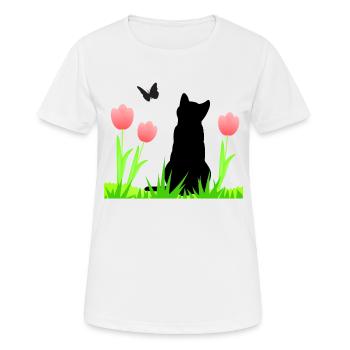 Frühlingsdesign - Katze, Tulpen, Schmetterling - Frauen T-Shirt atmungsaktiv - Weiß - Vorne - AI Model Female 172 dark (172cm)