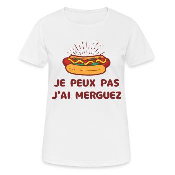 "T-shirt "Je peux pas j'ai merguez" - T-shirt respirant Femme - blanc - Devant - AI Model Female 172 dark (172cm)