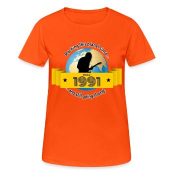 33. Geburtstag Rocking this planet since 10/1991 - Frauen T-Shirt atmungsaktiv - Neonorange - Vorne - AI Model Female 172 dark (172cm)