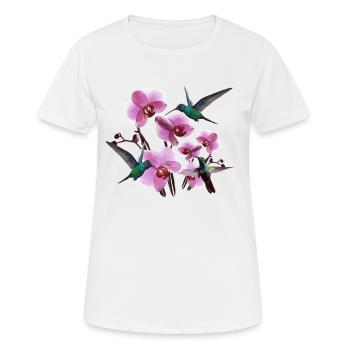 Colibris avec orchidées rose vert - T-shirt respirant Femme - blanc - Devant - AI Model Female 172 dark (172cm)