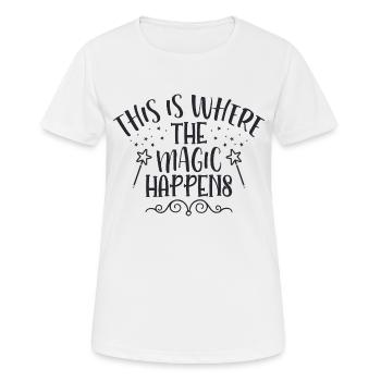 Hier ist die Magie - Frauen T-Shirt atmungsaktiv - Weiß - Vorne - AI Model Female 172 dark (172cm)