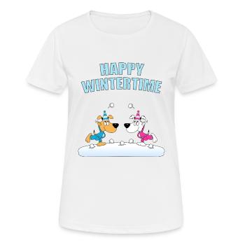 HAPPY WINTERTIME - HUNDE - SCHNEEBALLSCHLACHT - Frauen T-Shirt atmungsaktiv - Weiß - Vorne - AI Model Female 172 dark (172cm)