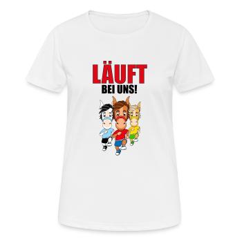 LÄUFT BEI UNS! - PFERDERENNEN - RENNPFERDE - PFERD - Frauen T-Shirt atmungsaktiv - Weiß - Vorne - AI Model Female 172 dark (172cm)