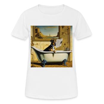 Hund, der im Badezimmer Zeitung liest ,retro look - Frauen T-Shirt atmungsaktiv - Weiß - Vorne - AI Model Female 172 dark (172cm)