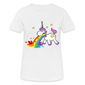 Cartoon Einhorn beim Kotzen von bunten Regenbogen - Frauen T-Shirt atmungsaktiv - Weiß - Vorne - AI Model Female 172 dark (172cm)