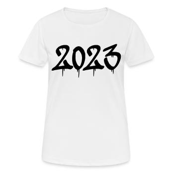 2023 - Frauen T-Shirt atmungsaktiv - Weiß - Vorne - AI Model Female 172 dark (172cm)